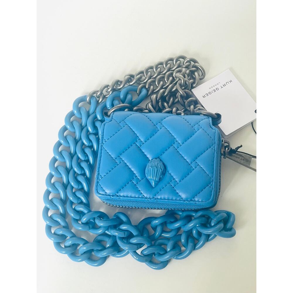 Kurt Geiger Blue Leather Small Flap Wallet Crossbody Chunky Chain Bag - Picture 5 of 13